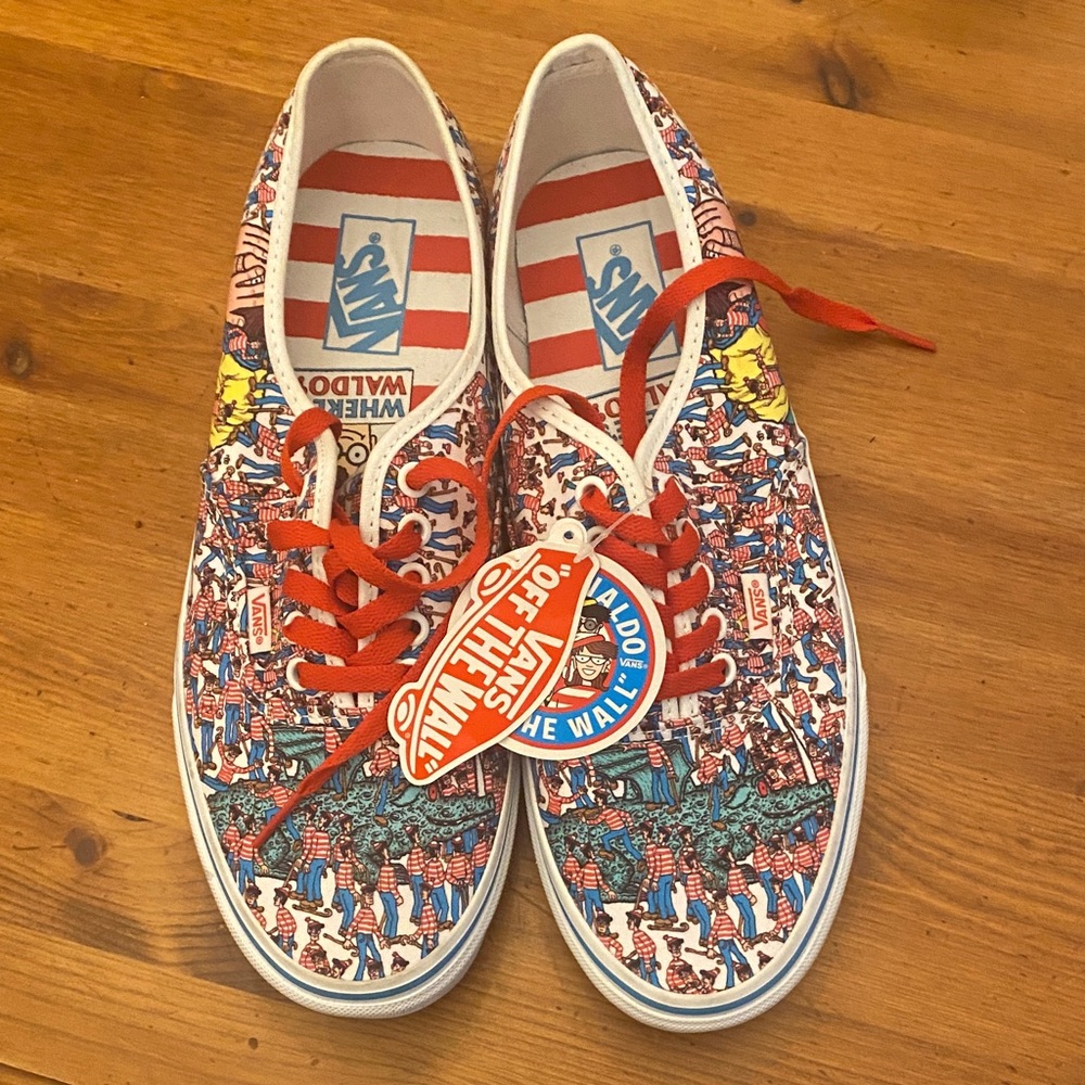 NEW Vans 'Where's Waldo?' Red and White Sneakers Size 10.5 Men’s and Women’s 12